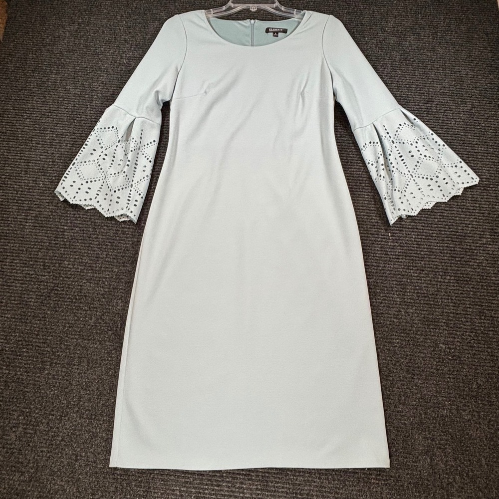 Glamour Light Blue Laser Cut Eyelet Bell Sleeve Sheath Dress Size 6